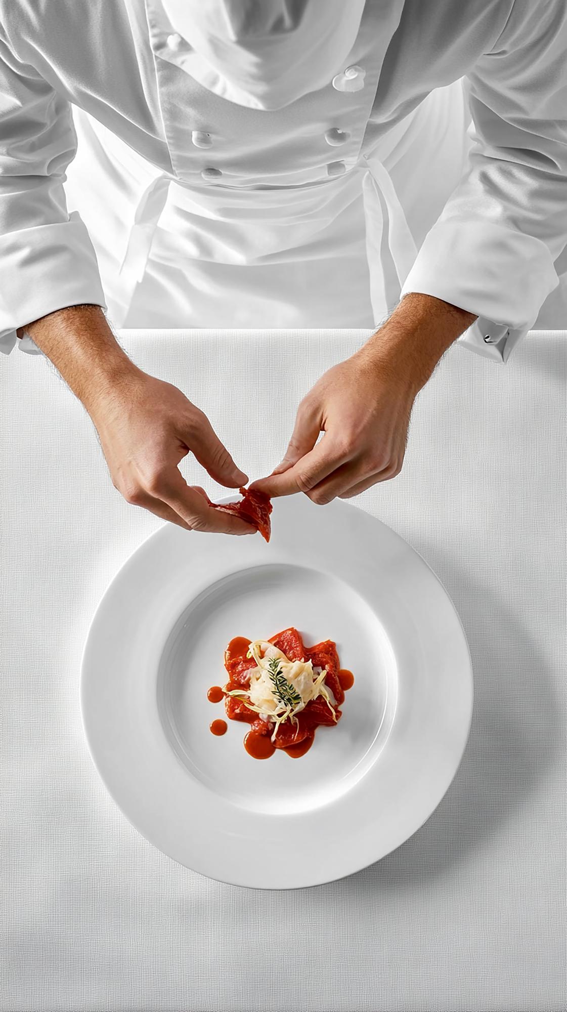 Chef plating a modern dish on white plate